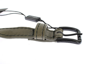Gray Leather Black Buckle Logo Belt