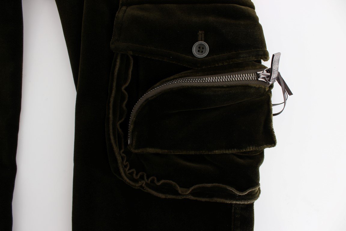 Green Cotton Velvet Slim Fit Cargo Pants
