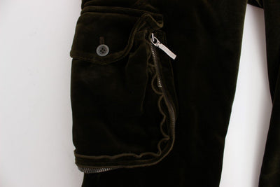 Green Cotton Velvet Slim Fit Cargo Pants