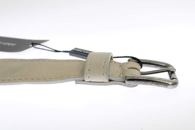 Beige Leather Silver Buckle Logo Belt