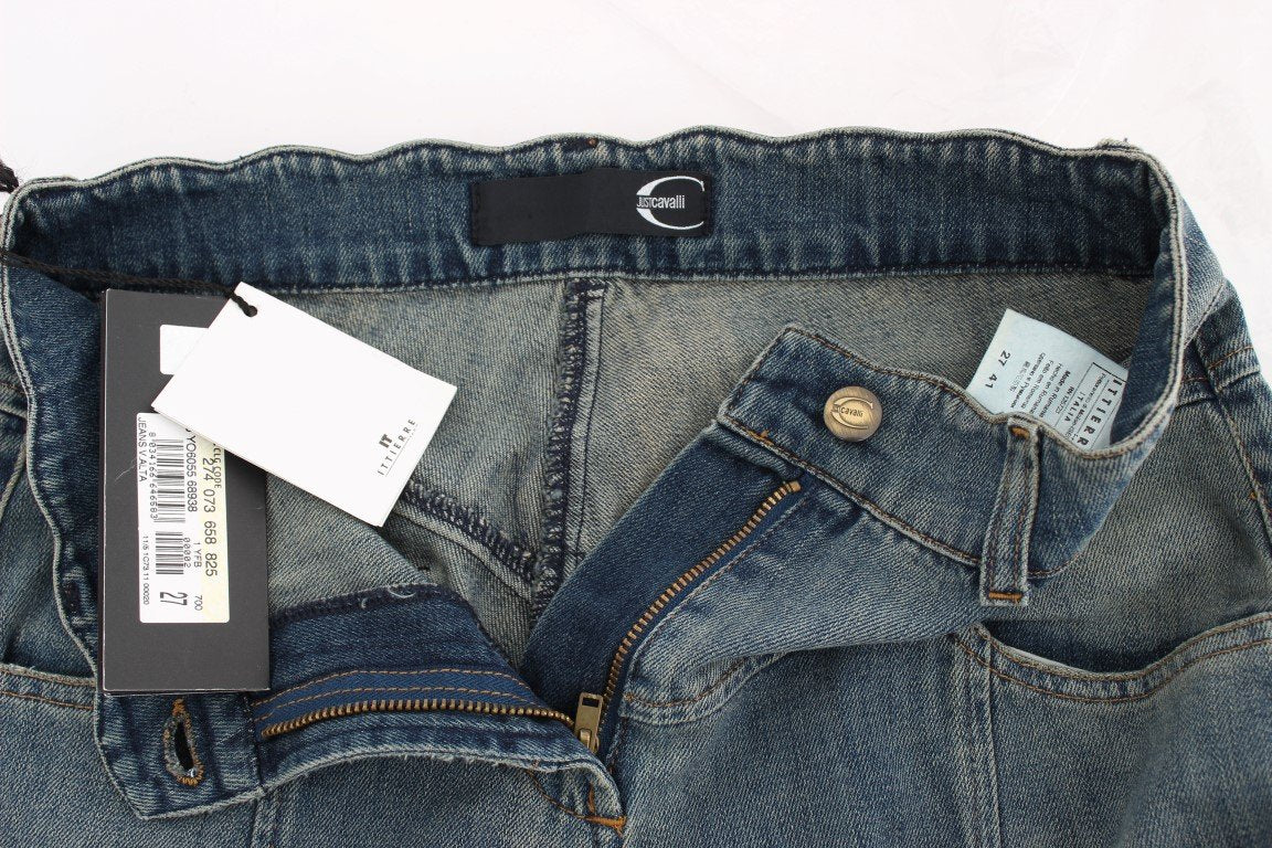 Blue Wash Cotton Blend Slim Fit Bootcut Jeans