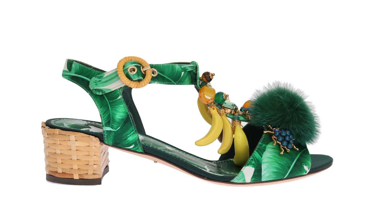 Green Banana Print Mink Fur Crystal Sandals