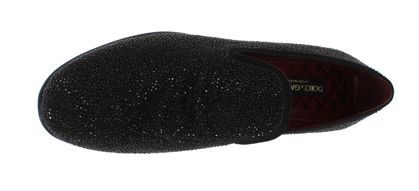 Black Suede Leather Crystal Loafers