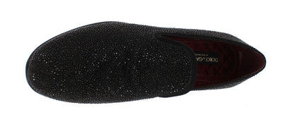 Black Suede Leather Crystal Loafers