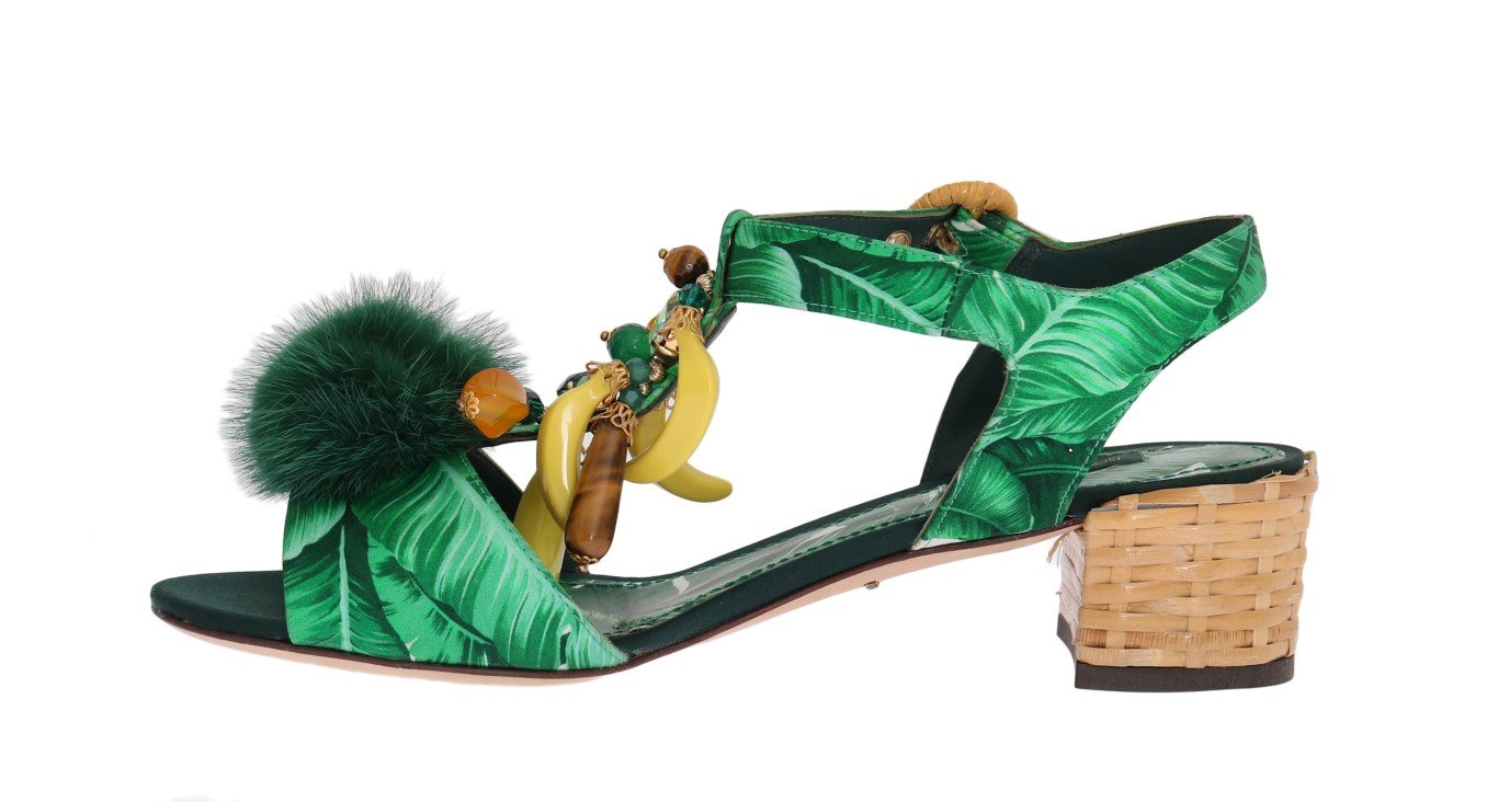 Green Banana Print Mink Fur Crystal Sandals