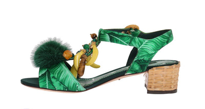 Green Banana Print Mink Fur Crystal Sandals