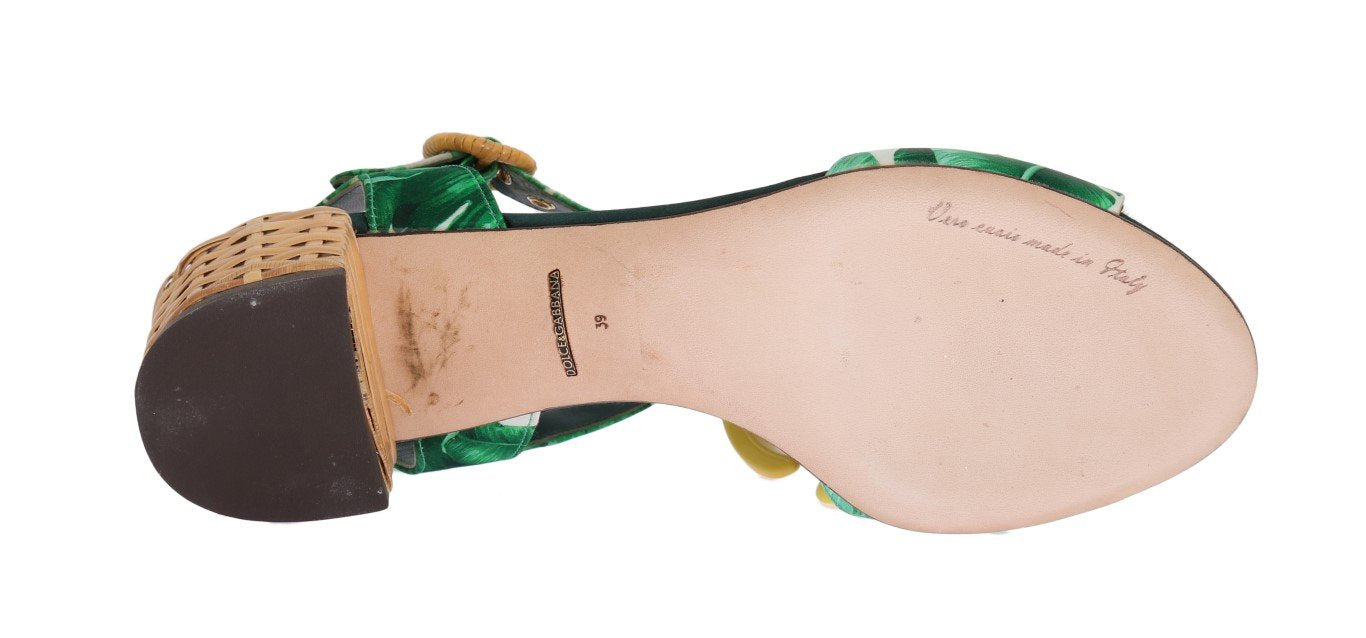 Green Banana Print Mink Fur Crystal Sandals