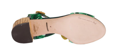 Green Banana Print Mink Fur Crystal Sandals