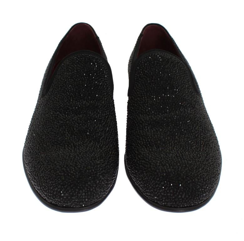 Black Suede Leather Crystal Loafers