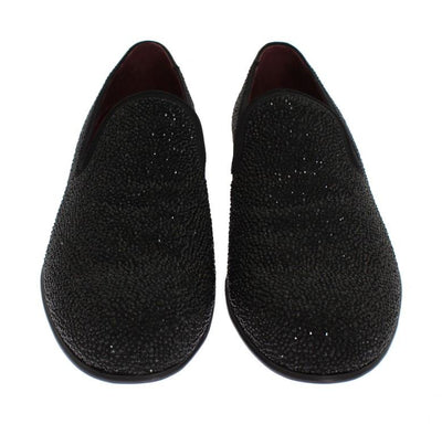 Black Suede Leather Crystal Loafers