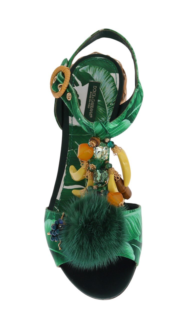 Green Banana Print Mink Fur Crystal Sandals