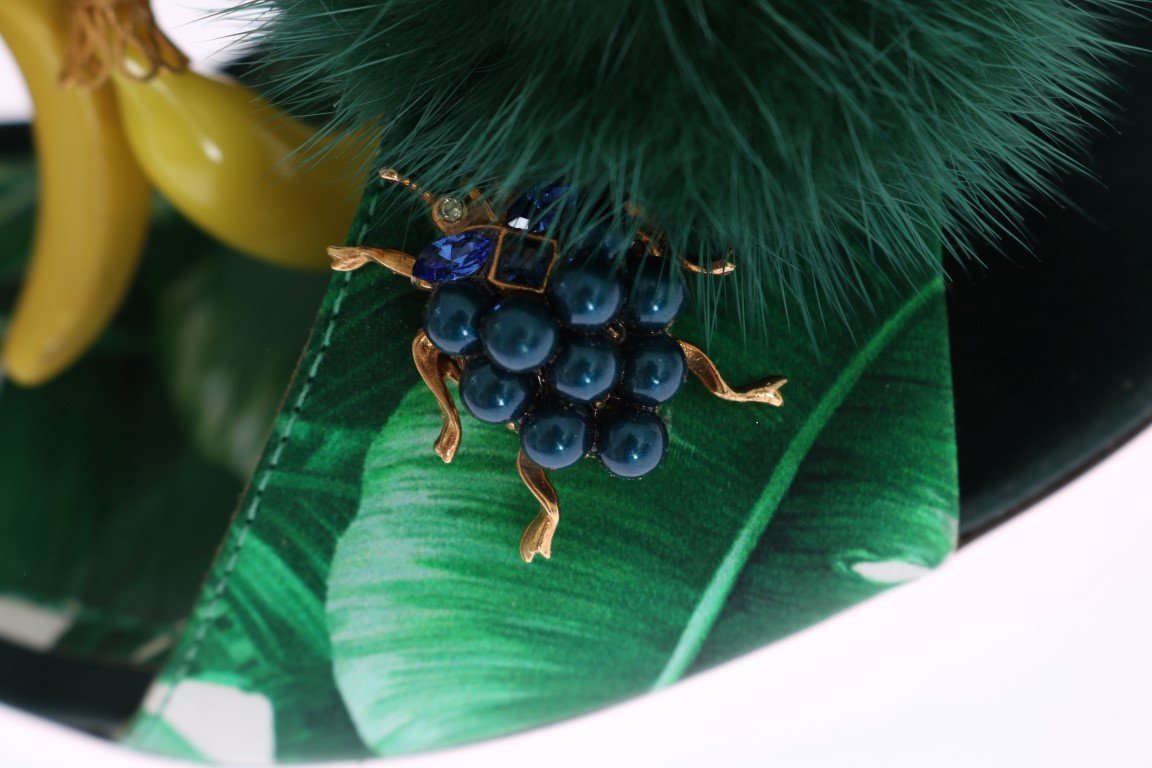 Green Banana Print Mink Fur Crystal Sandals