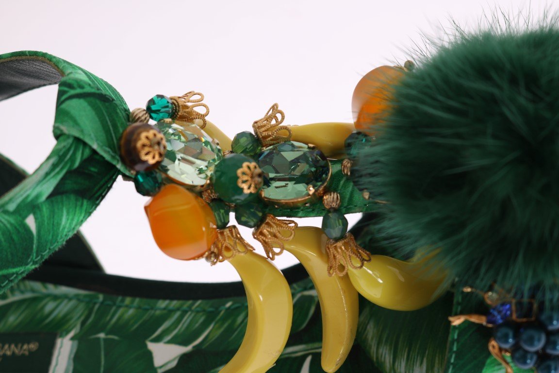 Green Banana Print Mink Fur Crystal Sandals