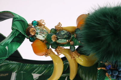 Green Banana Print Mink Fur Crystal Sandals