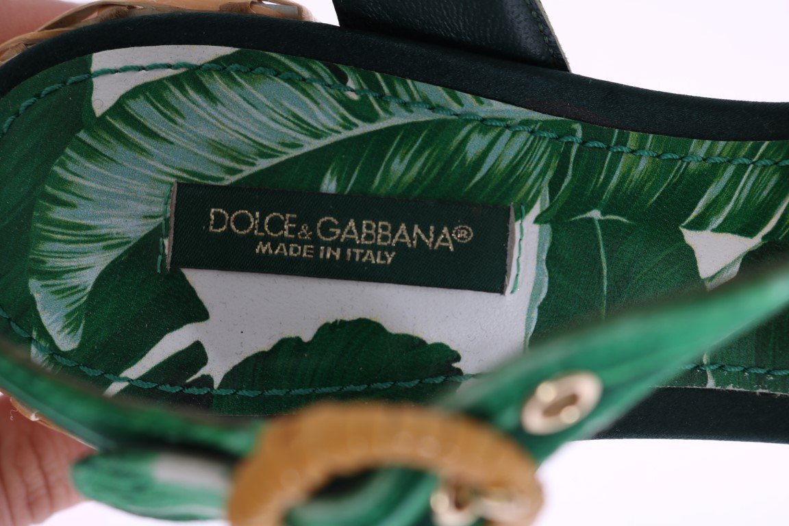 Green Banana Print Mink Fur Crystal Sandals