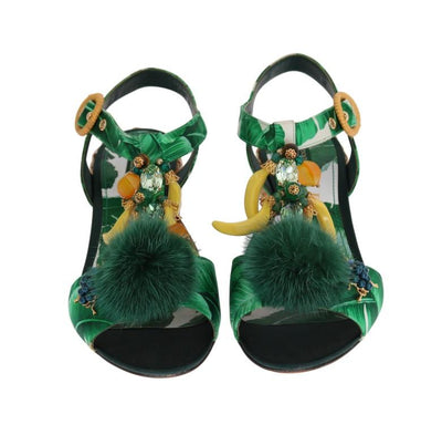 Green Banana Print Mink Fur Crystal Sandals