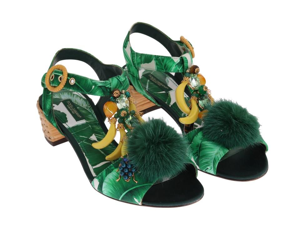 Green Banana Print Mink Fur Crystal Sandals