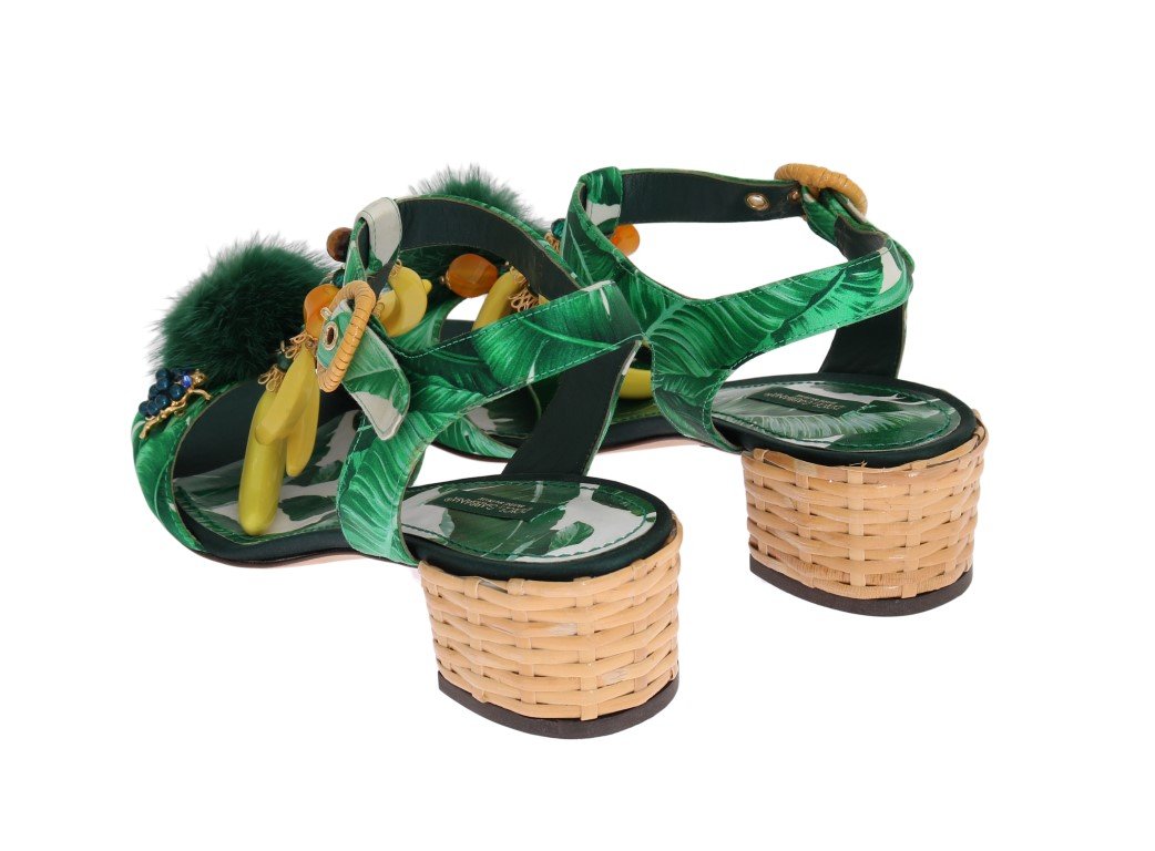 Green Banana Print Mink Fur Crystal Sandals