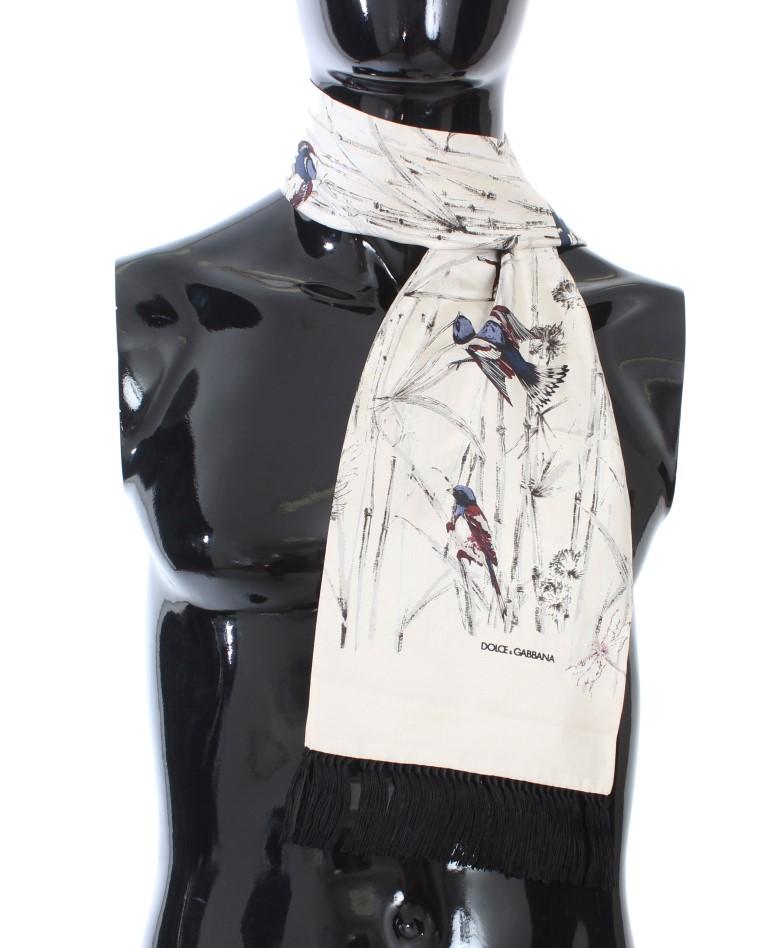 Beige Silk Bird Pattern Scarf