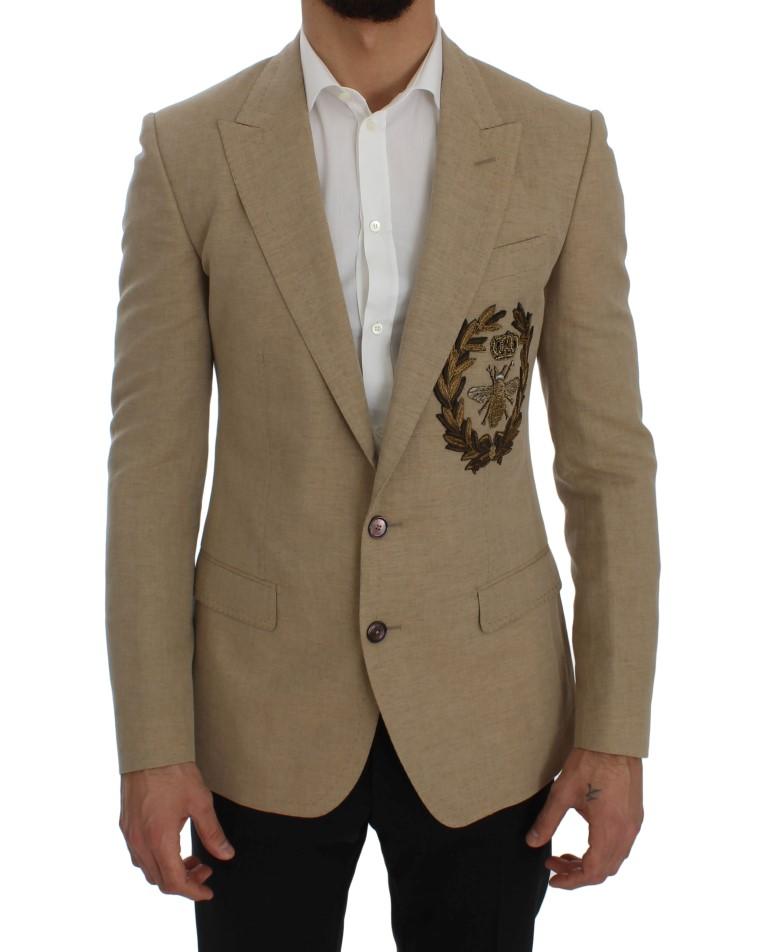 Beige Slim Fit Bee Crown Blazer Jacket