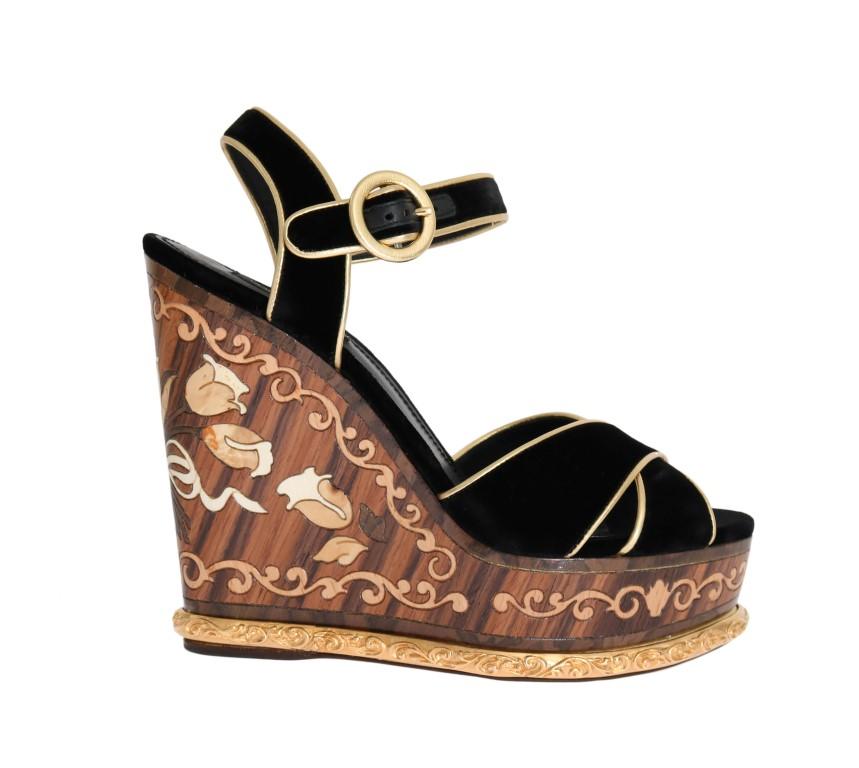 Black Velvet Gold Wood Wedges Sandals