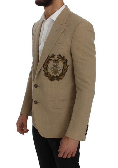 Beige Slim Fit Bee Crown Blazer Jacket