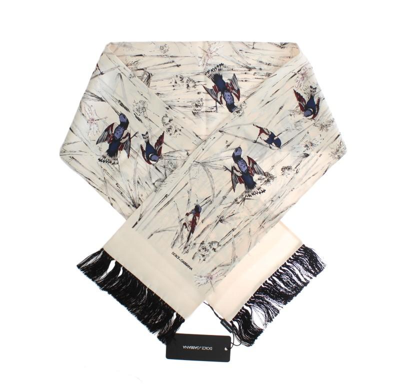 Beige Silk Bird Pattern Scarf