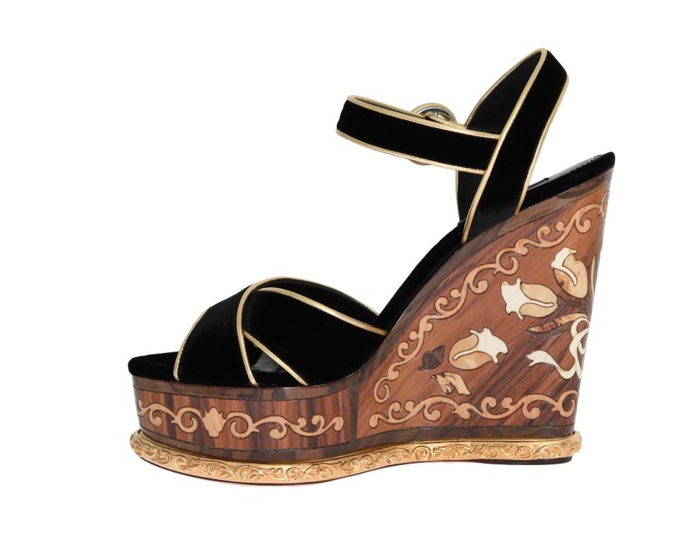 Black Velvet Gold Wood Wedges Sandals