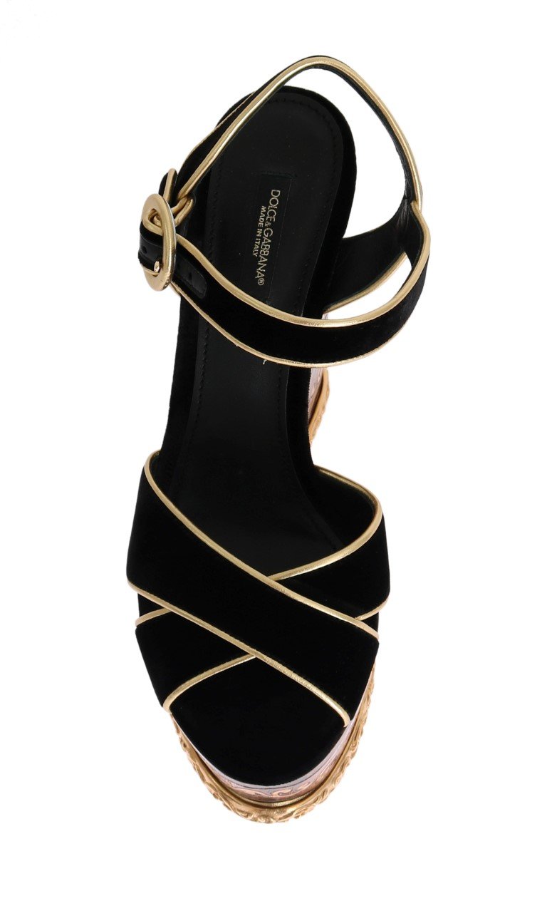 Black Velvet Gold Wood Wedges Sandals