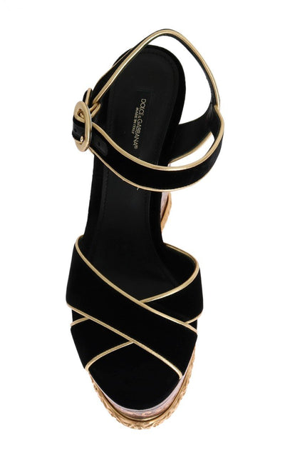 Black Velvet Gold Wood Wedges Sandals