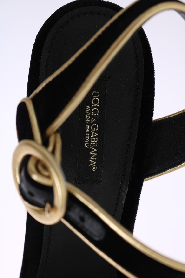 Black Velvet Gold Wood Wedges Sandals