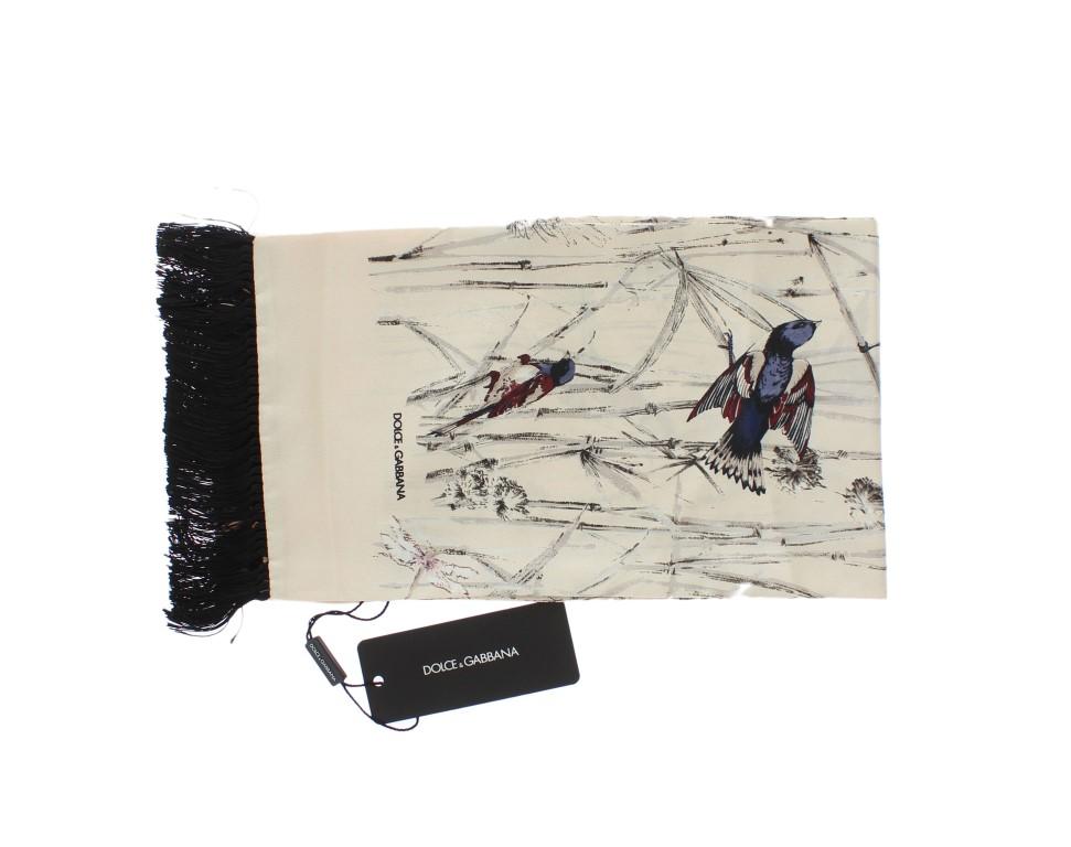 Beige Silk Bird Pattern Scarf