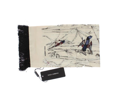 Beige Silk Bird Pattern Scarf