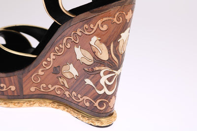 Black Velvet Gold Wood Wedges Sandals
