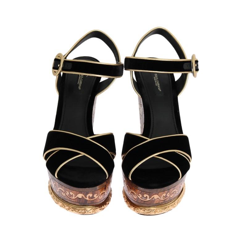 Black Velvet Gold Wood Wedges Sandals