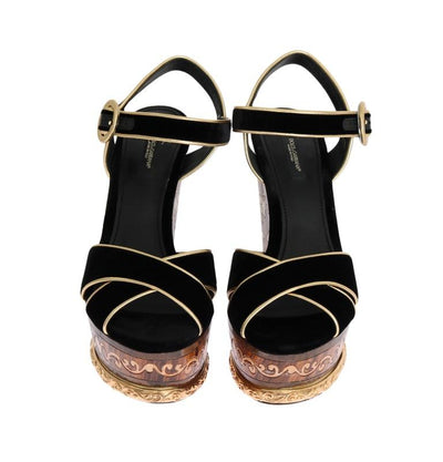 Black Velvet Gold Wood Wedges Sandals