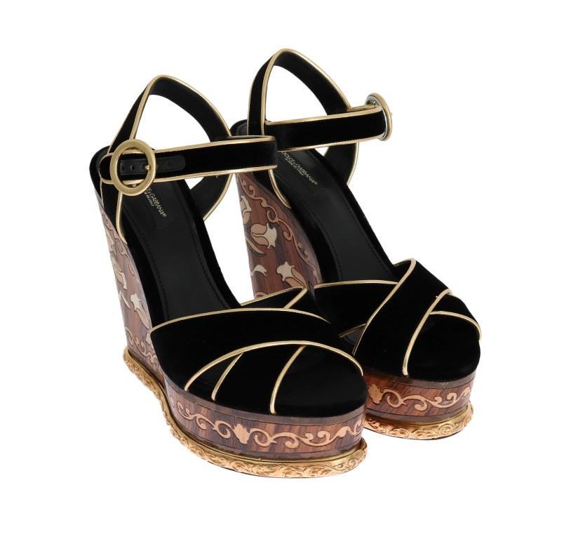 Black Velvet Gold Wood Wedges Sandals