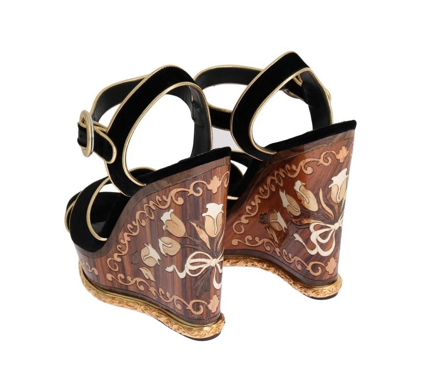 Black Velvet Gold Wood Wedges Sandals