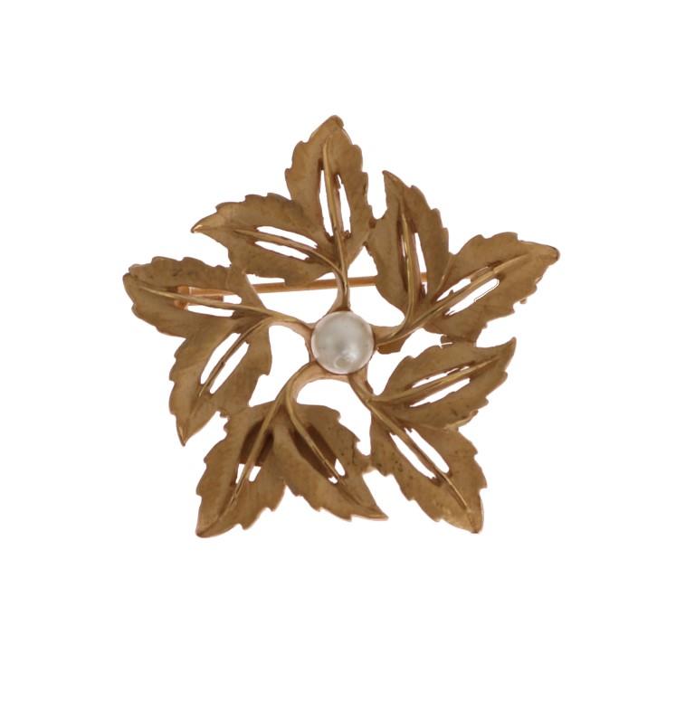 Gold Brass Pearl Leafes SICILY Brooch