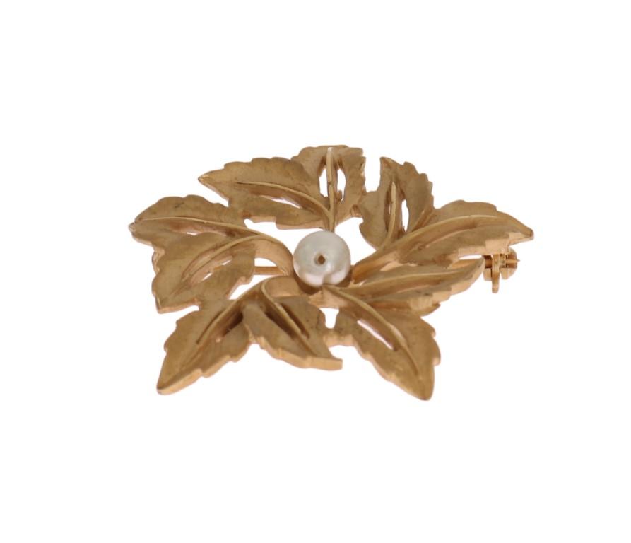 Gold Brass Pearl Leafes SICILY Brooch