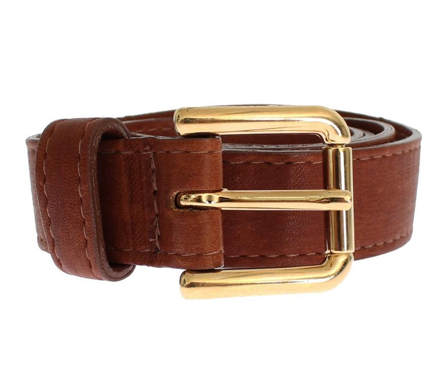 Brown Leather Gold Buckle Logo Belt