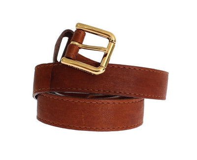 Brown Leather Gold Buckle Logo Belt