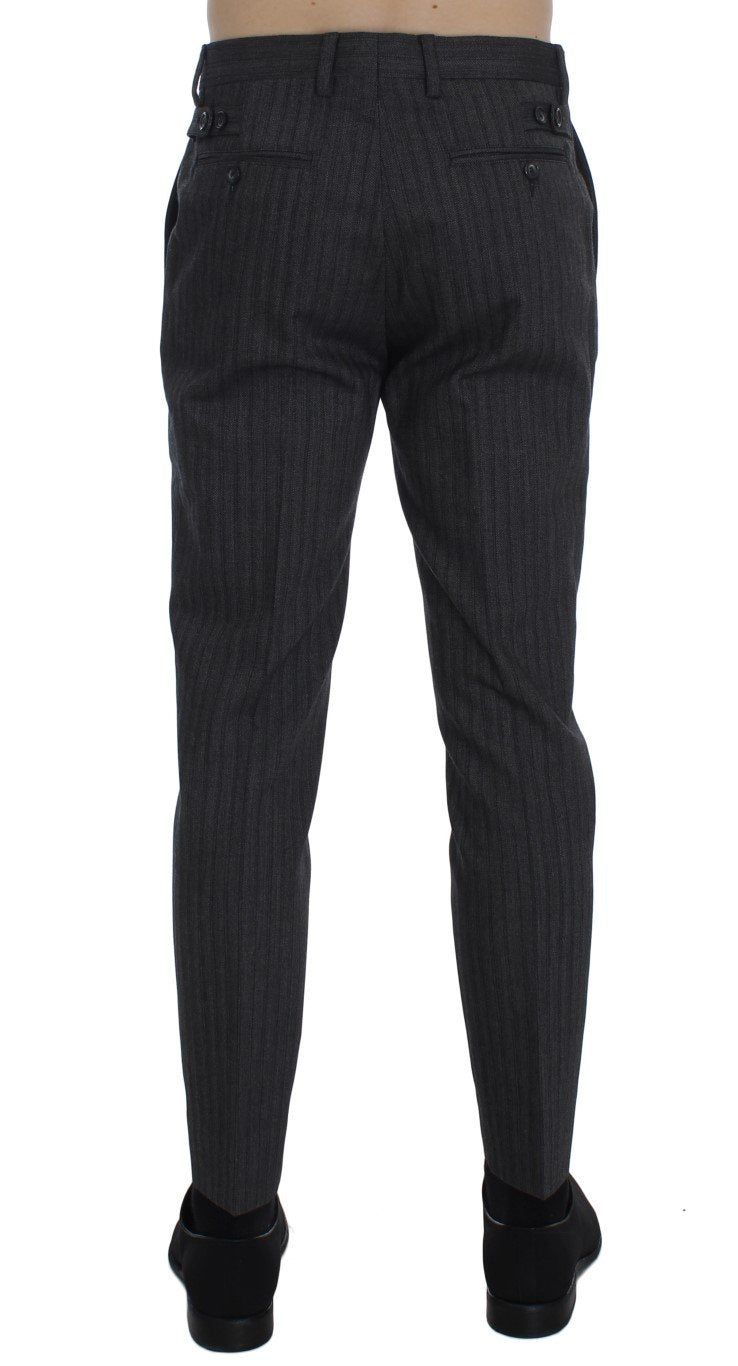 Gray Striped Wool Cotton Slim Pants