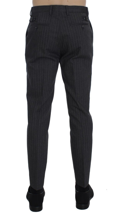 Gray Striped Wool Cotton Slim Pants