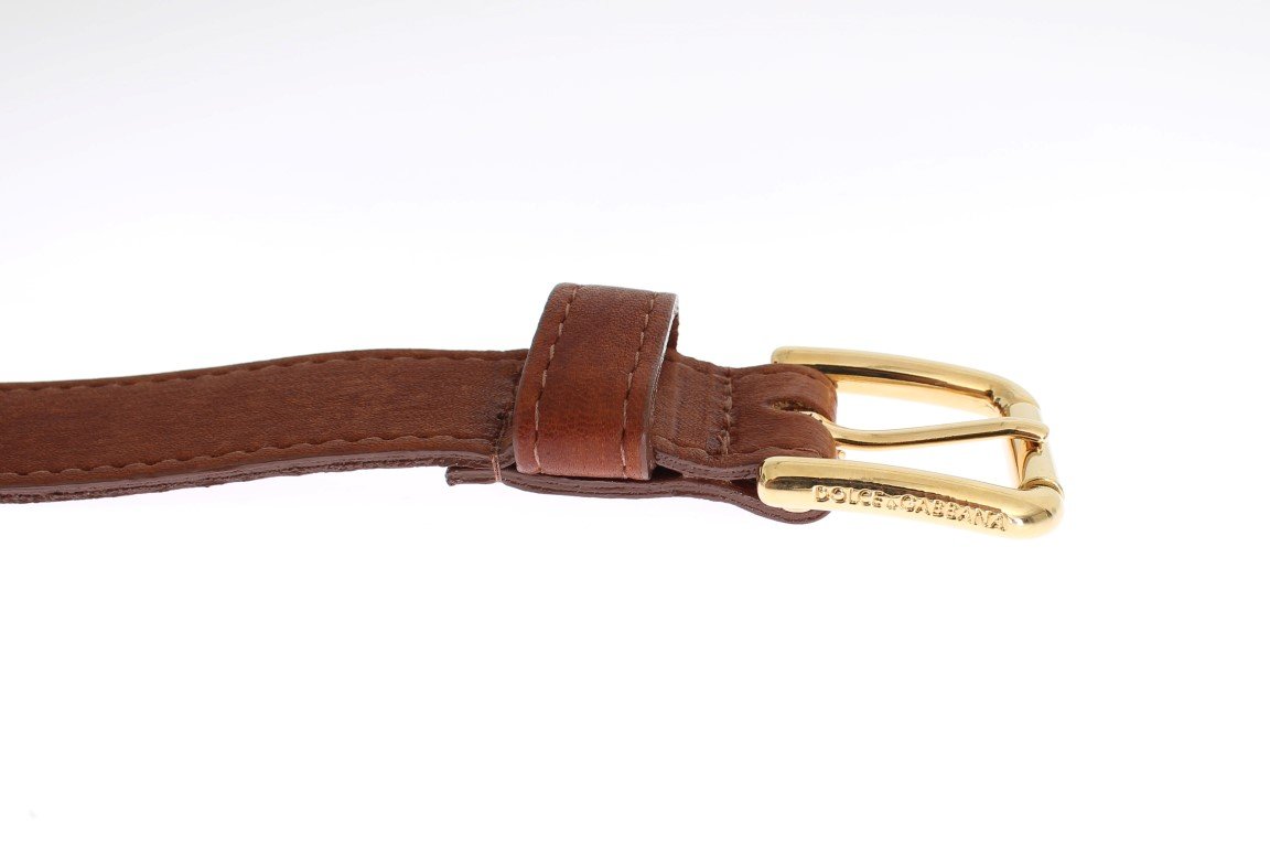 Brown Leather Gold Buckle Logo Belt