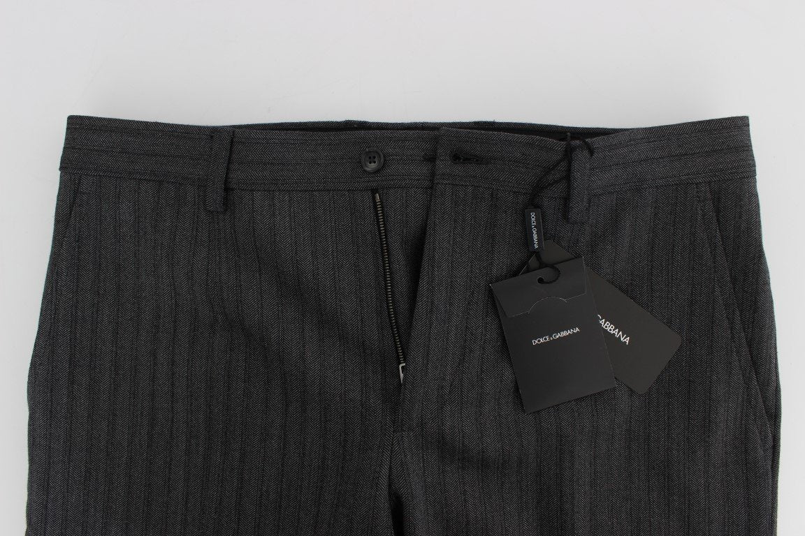Gray Striped Wool Cotton Slim Pants
