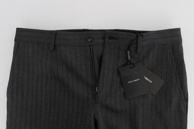 Gray Striped Wool Cotton Slim Pants