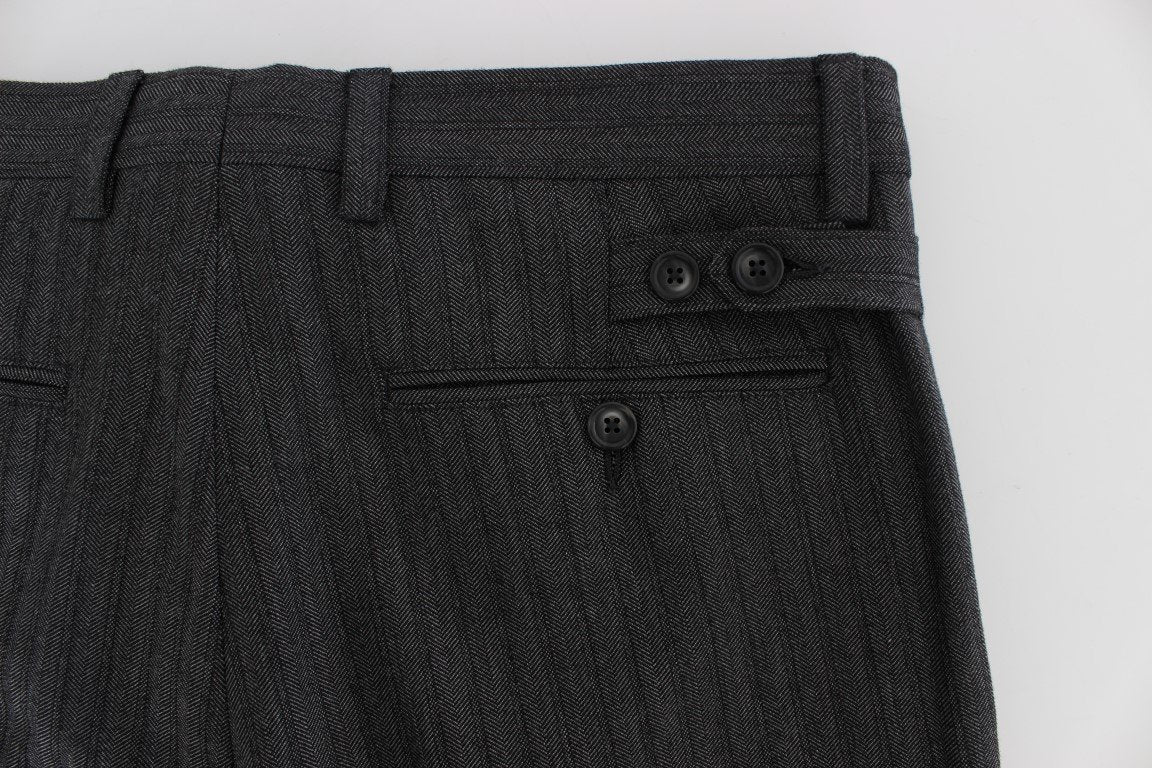 Gray Striped Wool Cotton Slim Pants