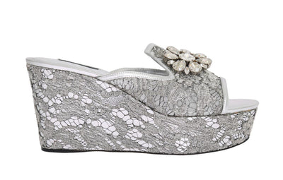 Silver Crystal Lace Flip Flop Wedges Shoes