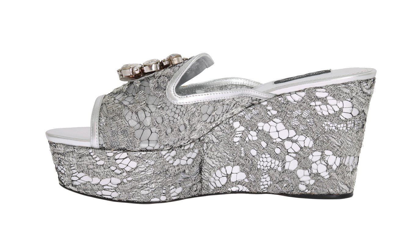 Silver Crystal Lace Flip Flop Wedges Shoes